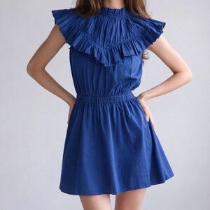 NWOT Never A Wallflower Vivian Ruffle Bib Mini Dress Navy Blue Cotton Size Small